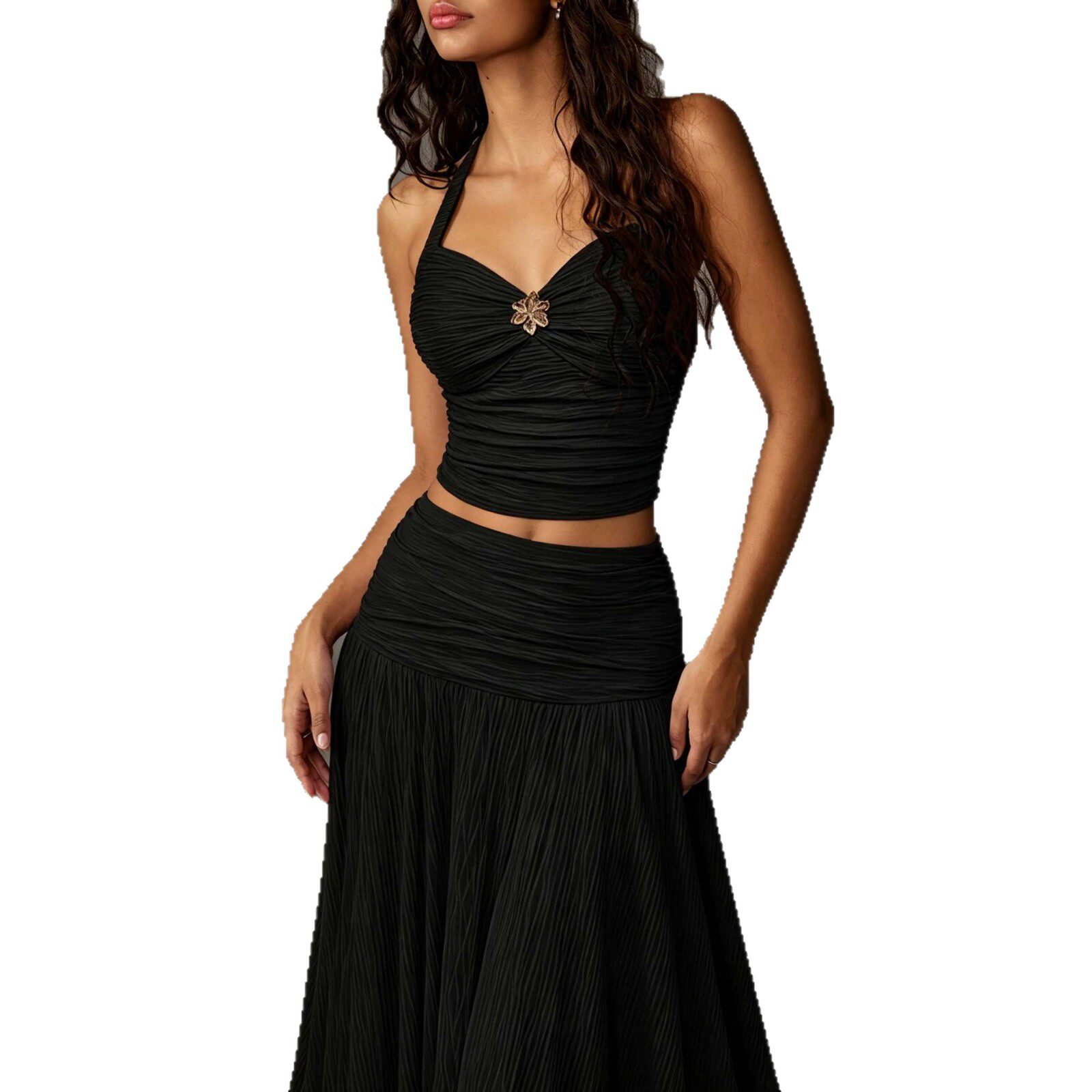 French Style Halter Neck Backless Two Piece Set Ruffled Waist Top A Line Skirt Elegant Dress for Special Occasions
