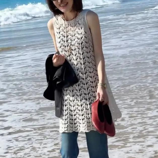 Lace Knit French Dress Sleeveless Mid Length Floral Crochet Stylish and Versatile for Casual Occasions Wholesale