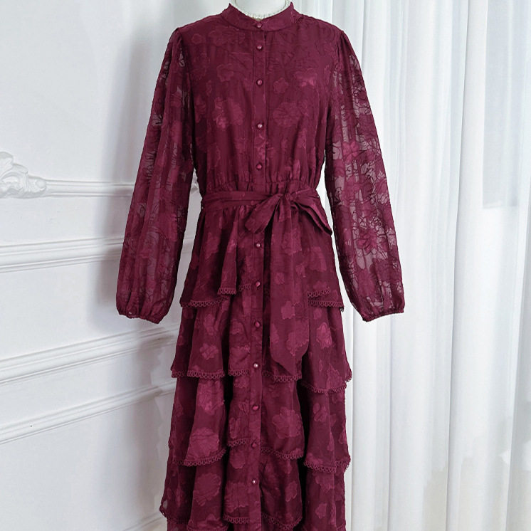 Elegant Lace Trimmed Ruffled Hem Dress High End French Style Waist Tie Slim Fit Autumn Fashion for Women Wholesale