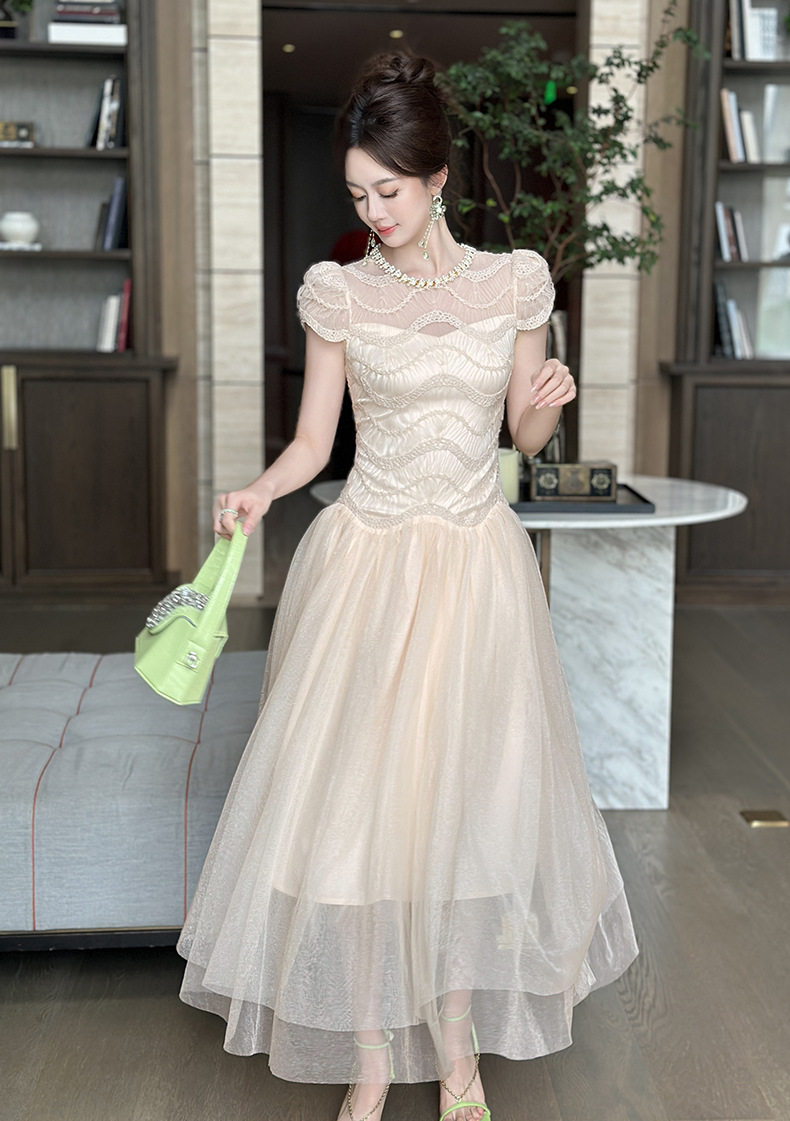 Đầm nữ ren lưới phối eo giả hai lớp xòe bồng tay ngắn — [Màu hồng đào] chi tiết 4