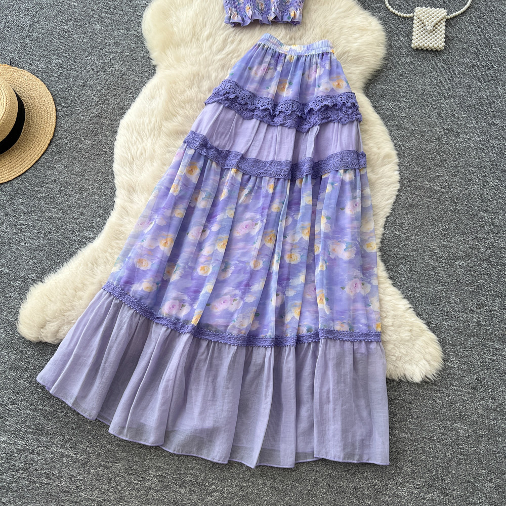 French Floral Two Piece Set Soft Fabric Waist Tie Top Mesh Cake Skirt Summer Casual Wear Wholesale Available