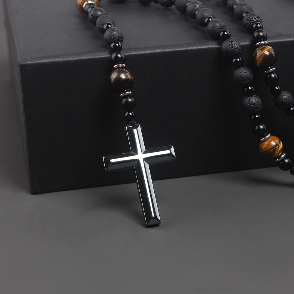 Cross-border Amazon Same-style Natural Stone Black Volcanic Rock Yellow Tiger Eye Iron Stone Cross Religious Men's Necklace
