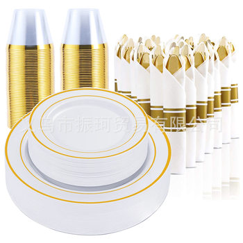 Spot Amazon Gold and Silver Rose Edge Plate Plastic Cup Knife Fork Spoon Roll Paper Towel Disposable Plastic Plate Set
