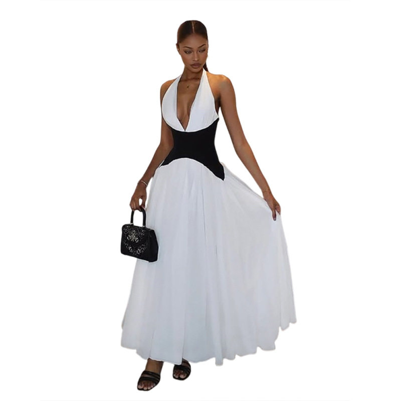 Summer Womens Dress Fashionable Sexy V Neck Halter Neck Color Block Waist Defined Perfect for Parties or Casual