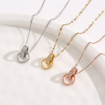New Double-ring Button Necklace Women's High-end Light Luxury ins Cool Style Simple Titanium Steel Clavicle Chain Micro-inlaid Necklace