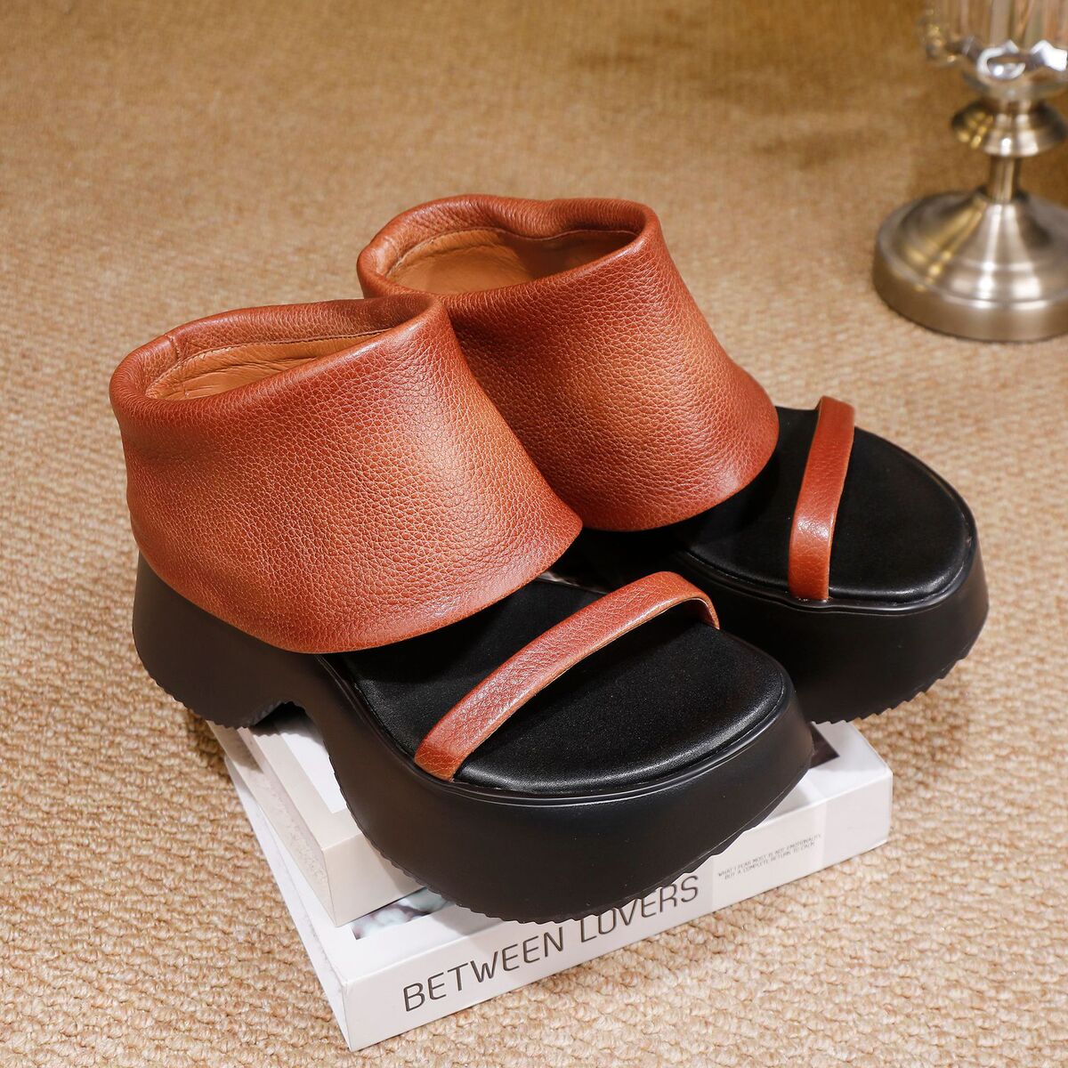 Sandal La Mã nữ da bò thật đế dày gót cao thoải mái — màu đen, Màu nâu
