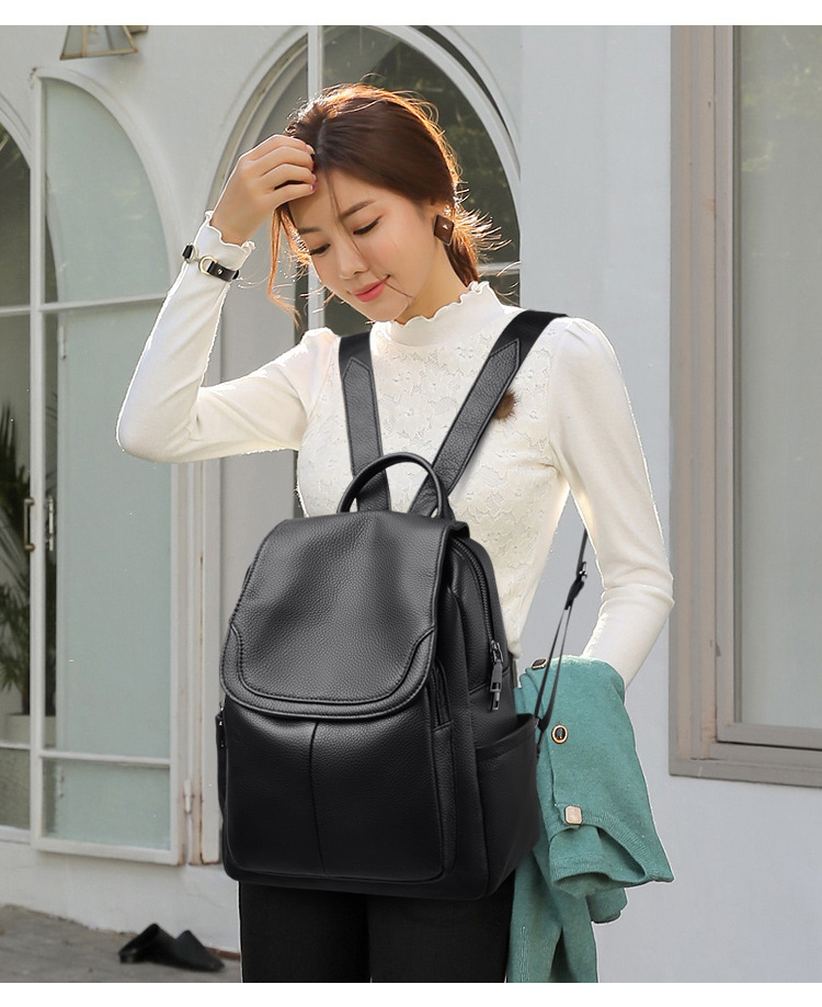 Ba lô nữ da bò thật dáng tối giản phong cách Hàn Quốc — Màu đen