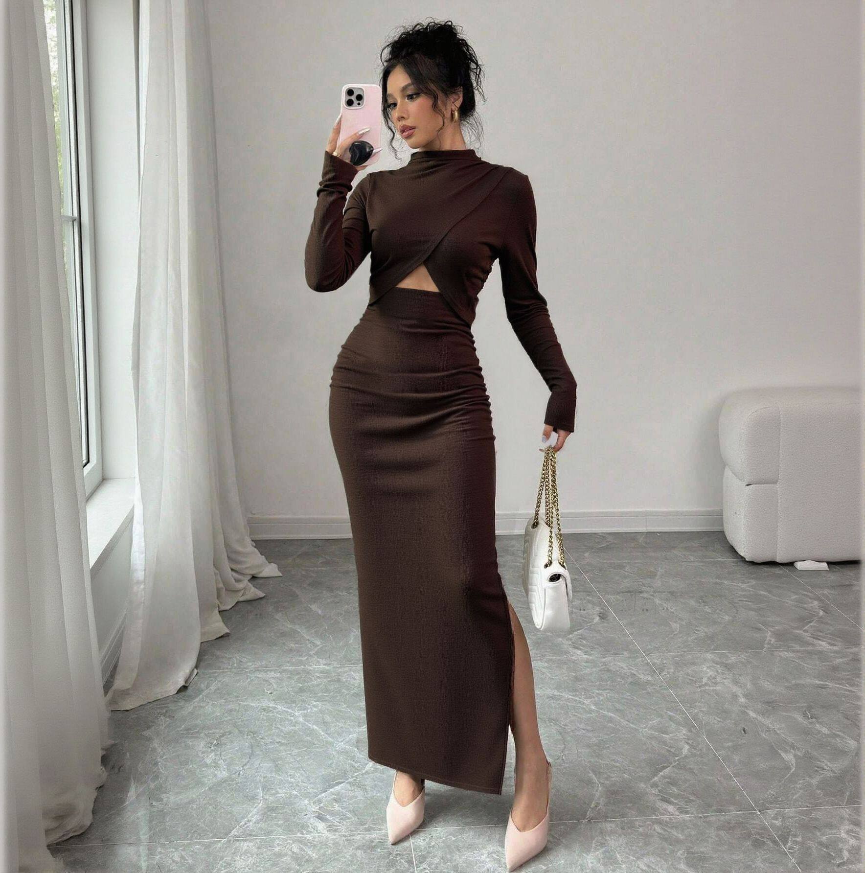 Elegant Long Sleeve Bodycon Dress Sexy Side Slit Waist Cutout Mid Length Spring Summer Fashion Wholesale Available
