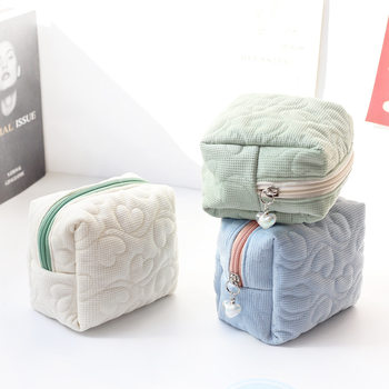 Cute simple small square bag cosmetic bag female Korean style student portable girl heart solid color love sanitary napkin storage bag