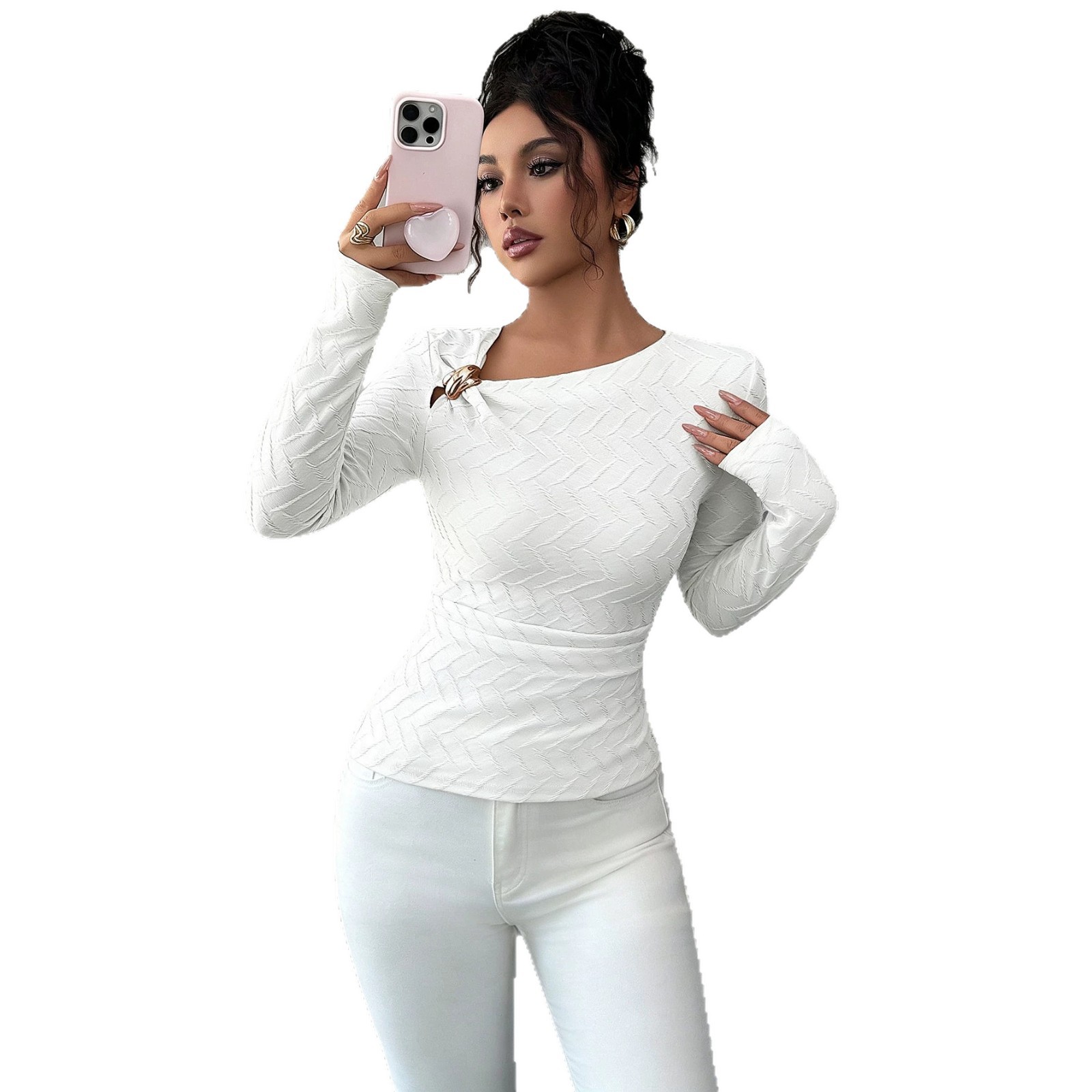 Long Sleeve T Shirt Asymmetrical Neckline Metal Button Slim Fit Solid Color Autumn Winter Fashion Wholesale
