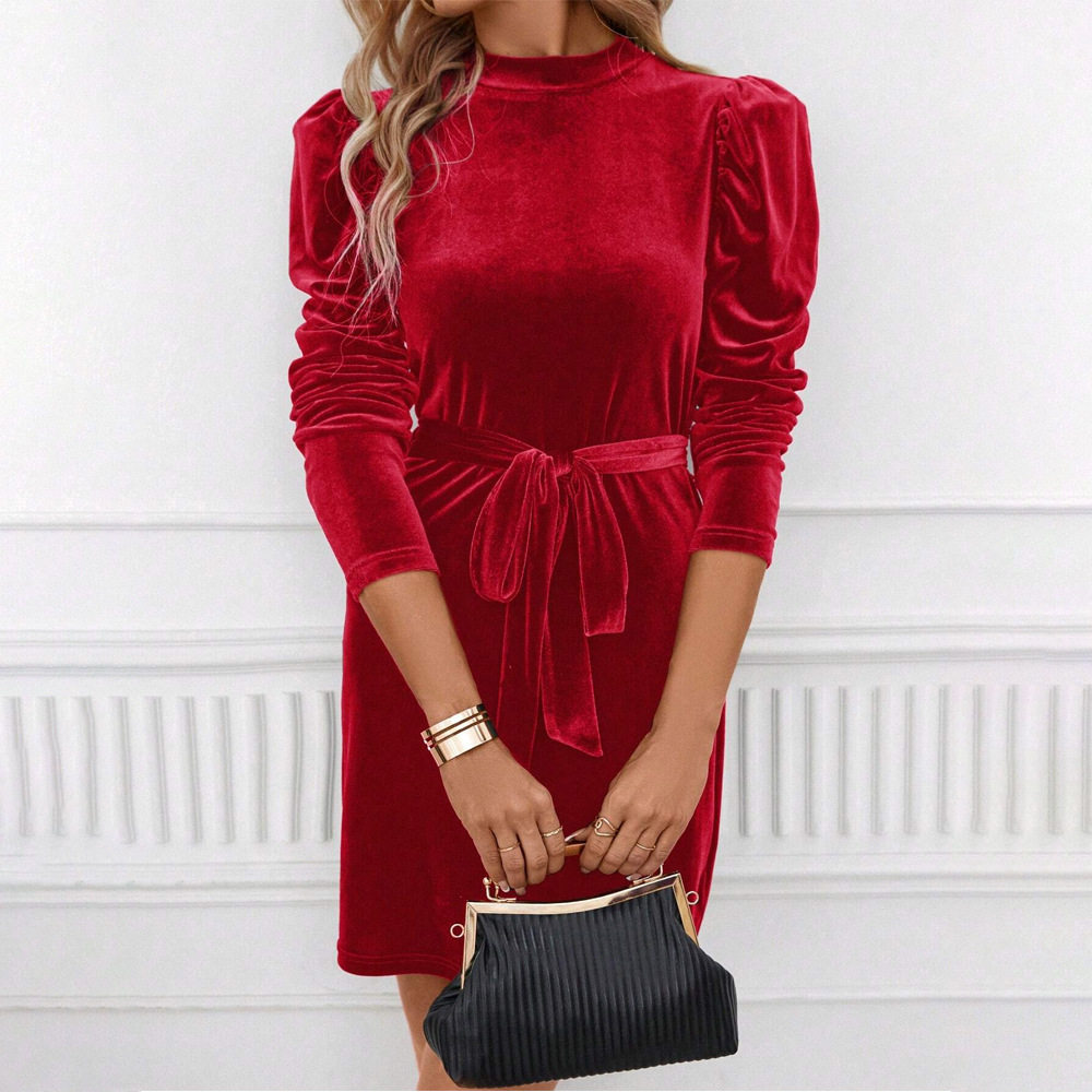 Velvet Bodycon Dress Elegant Tie Waist Long Sleeve Slim Fit Perfect for Parties and Events Wholesale Available