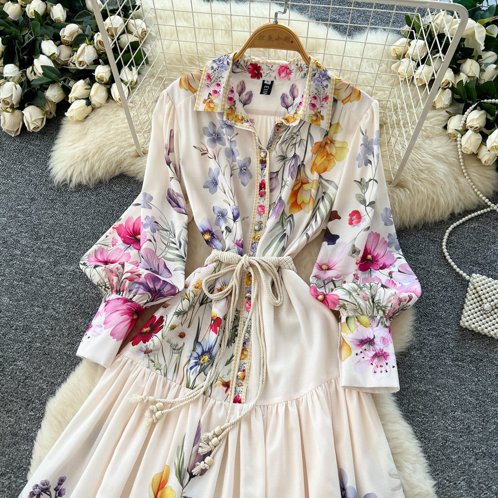 French Vintage Elegant Printed Maxi Dress for Women Autumn Collection Corset Tie Button Closure Flared Skirt