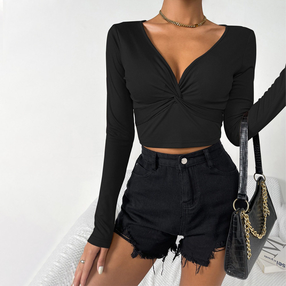 V Neck Long Sleeve T Shirt Slim Fit Minimalist Design Spring Summer Style Womens Casual Wear Wholesale Available