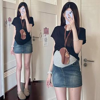 Maternity Skirt, Summer Belly-Supporting Denim Skirt, Casual Korean Style Suit, Fashionable Petite Two-Piece Maternity Suit