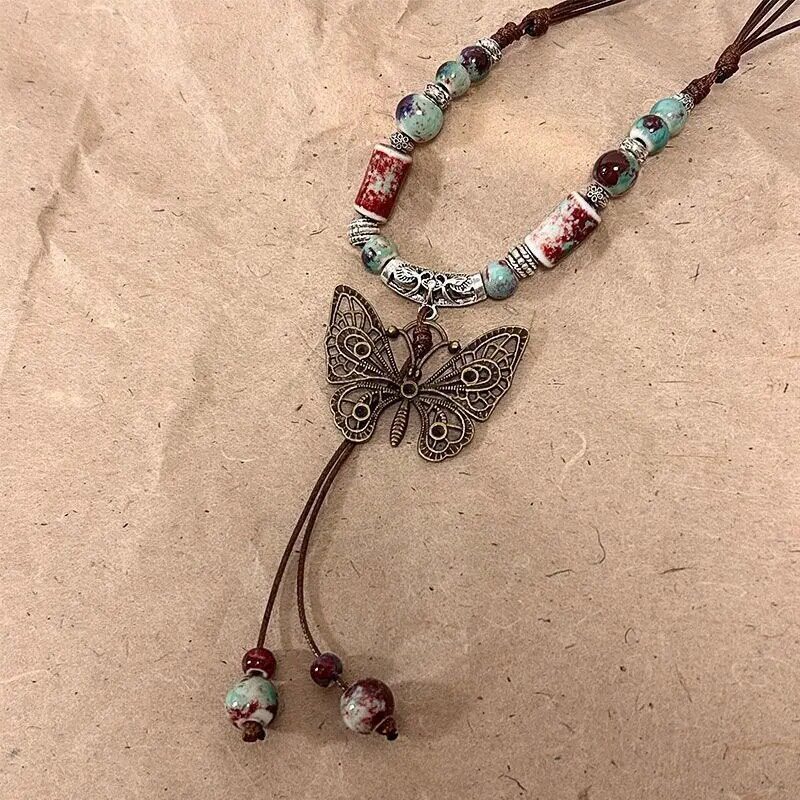 Colorful Ethnic Style Ceramic Butterfly Bell Pendant Woven Necklace Women's Accessories Retro Chinese Style Long Sweater Chain