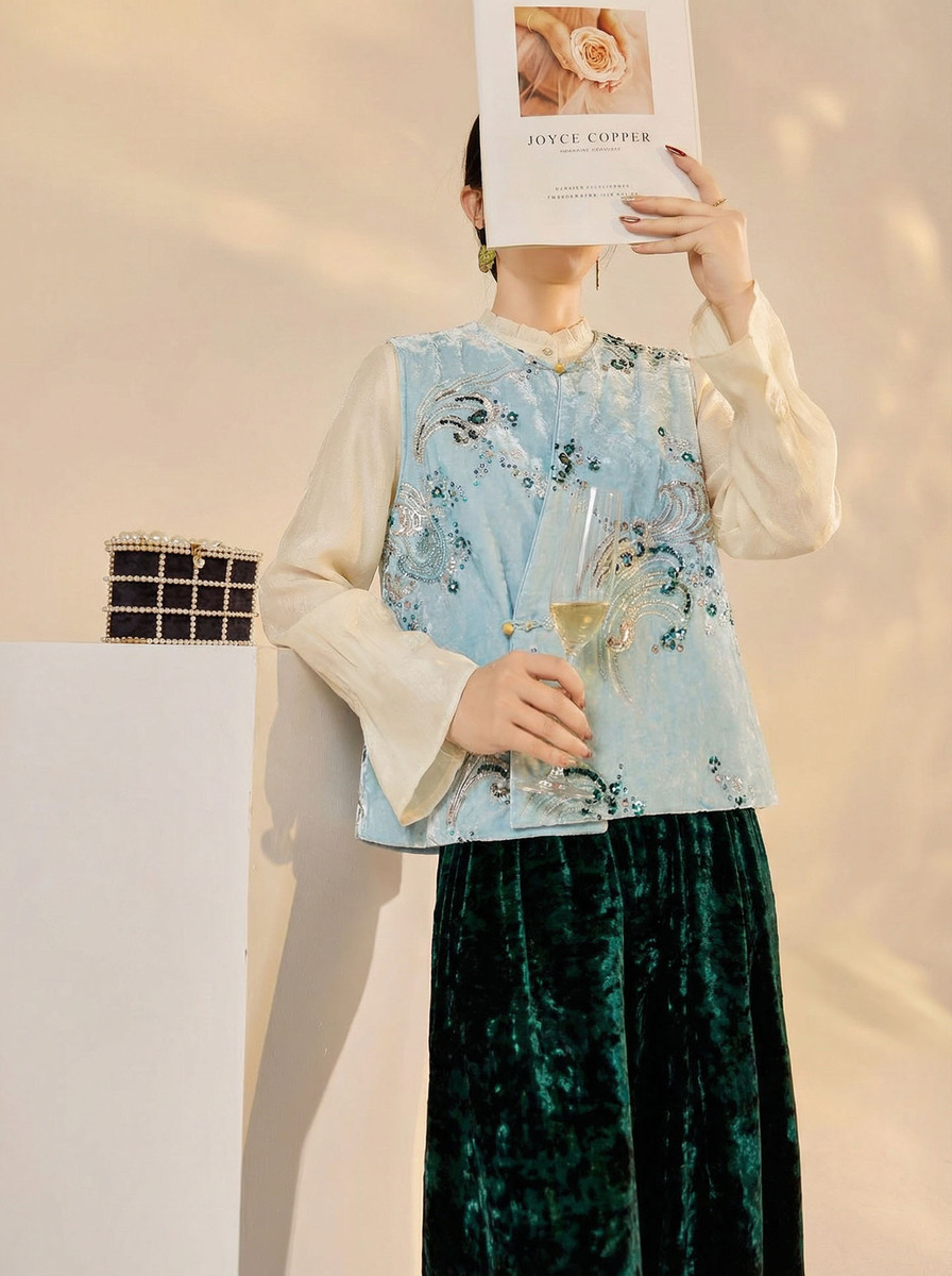 Áo gile nữ cổ cao thêu đính cườm họa tiết hoa — Màu xanh dương