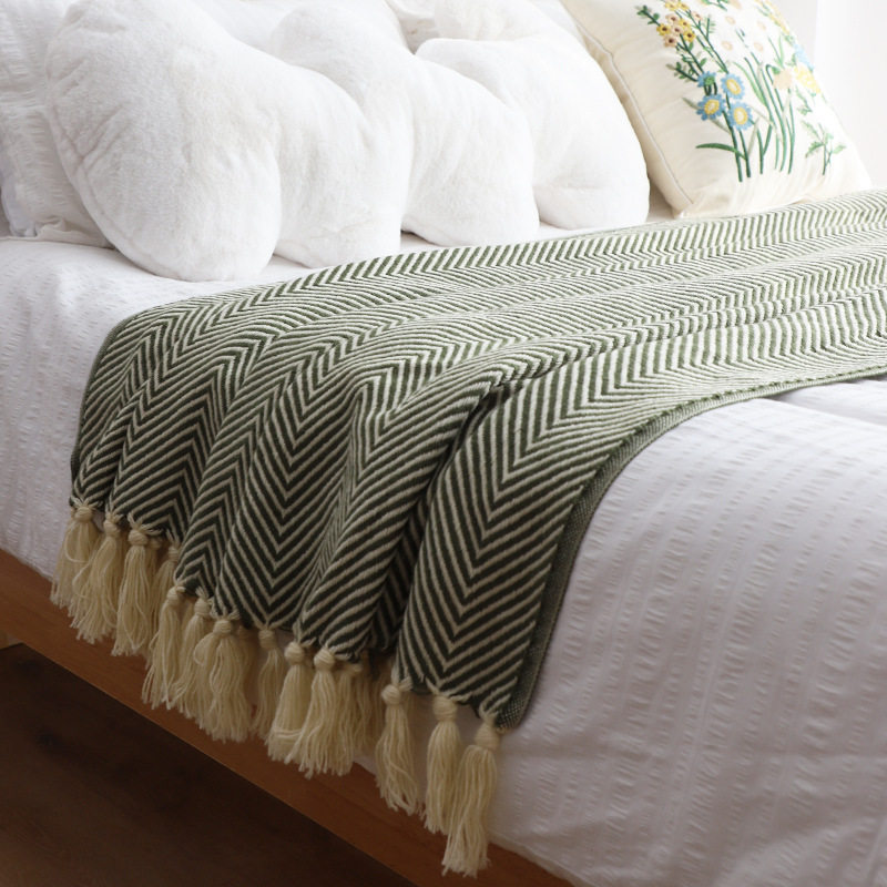Classic American Retro Green Herringbone Pattern Woven Blanket Hotel Homestay Bed End Towel Bed End Blanket Sofa Blanket Bed Cover Blanket