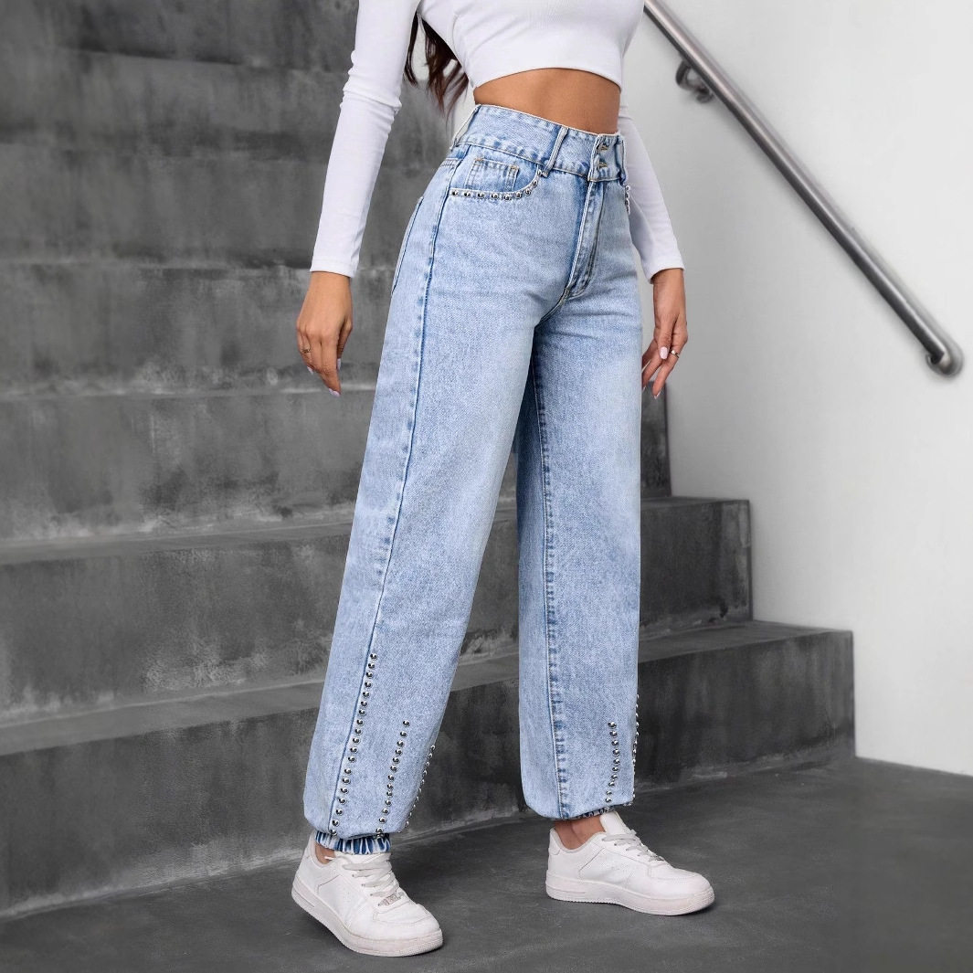 Casual Denim Pants for Women Beaded Detail Versatile Style Comfortable Fit Perfect for Everyday Wear Wholesale