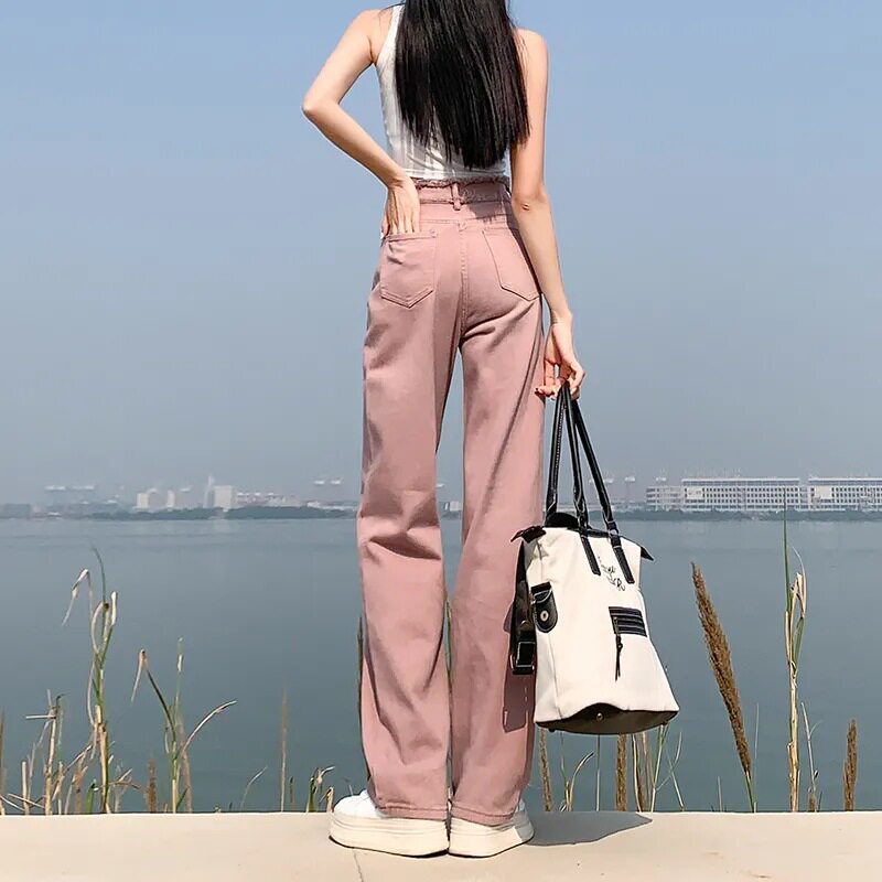 Pink High Waisted Denim Pants Slim Fit Loose Wide Leg Trendy Straight Cut Frayed Hem Casual Everyday Wear