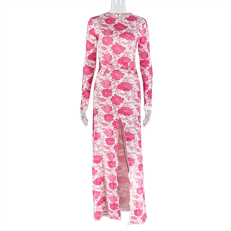 Floral Print Bodycon Dress Slim Fit Ruched Round Neck Split Hem Casual Vacation Wear Wholesale Available