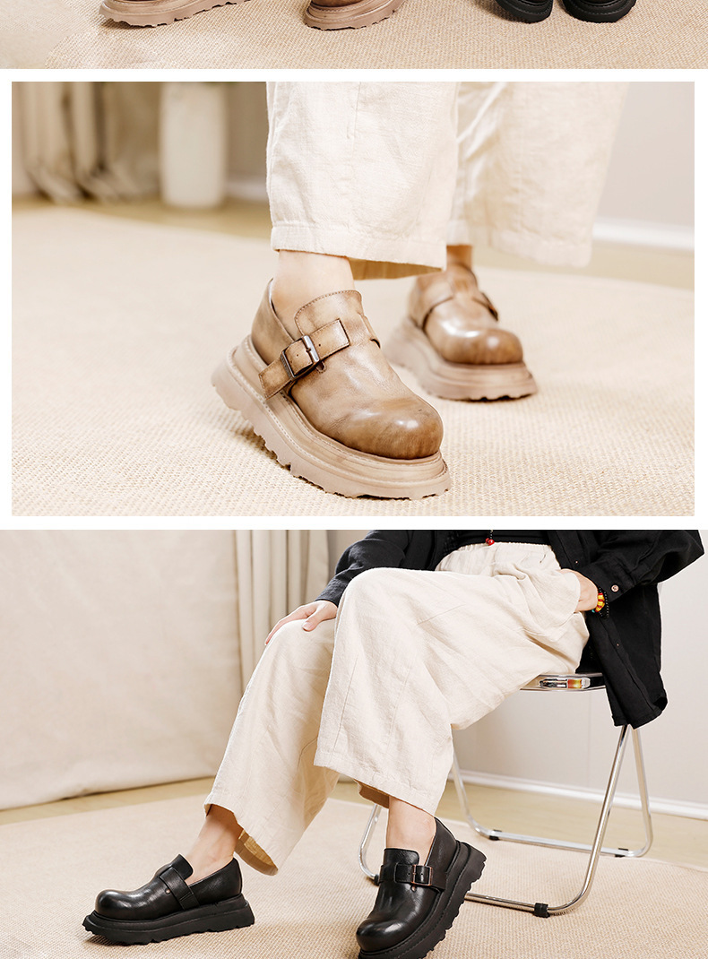 Giày lười nữ da bò thật dạng sục gót thấp đế dày — Màu caramel, Màu đen, Màu Kaki