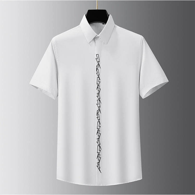 Áo sơ mi nam ngắn tay cổ nhọn thêu tia chớp dáng ôm — Màu đen, Màu trắng