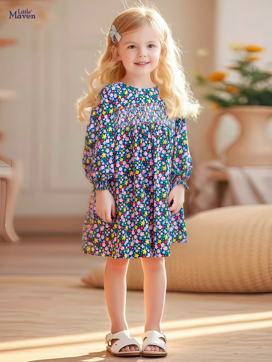 Girls' New Autumn Long-Sleeve Dress Wholesale, Watermark Floral Kids' Dress