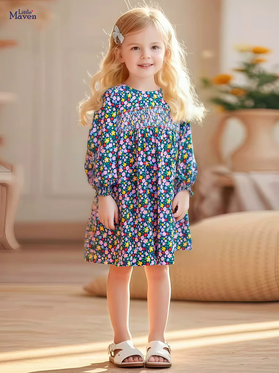 Girls' New Autumn Long-Sleeve Dress Wholesale, Watermark Floral Kids' Dress
