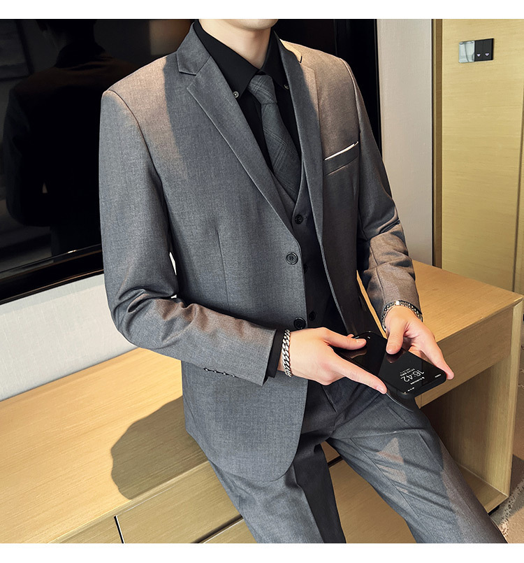 Bộ vest nam ôm dáng ba món phong cách công sở và dự tiệc cưới — Màu xám (áo một nút + áo vest + quần), Màu xanh navy (áo một nút + vest + quần), Màu xám (áo một nút + quần), Màu xám (áo đơn một nút)