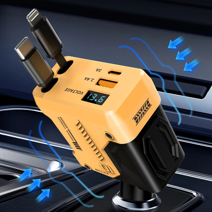 Retractable Cable One to Four Super Fast Charging Car Charger Car Multi-Function Cigarette Lighter Conversion Plug Pd Car Charger