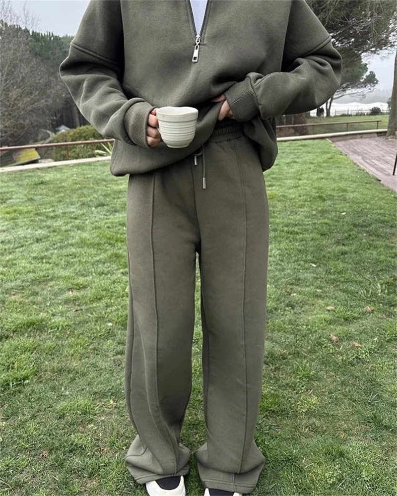 跨境欧美休闲女装时尚半开襟套头卫衣长裤两件套宽松休闲秋冬套装