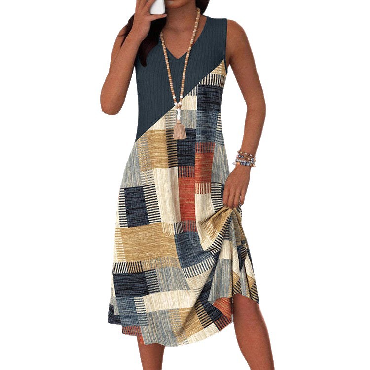 Casual Color Block Sleeveless V Neck Dress Summer Collection Versatile Womens Fashion Wholesale Available