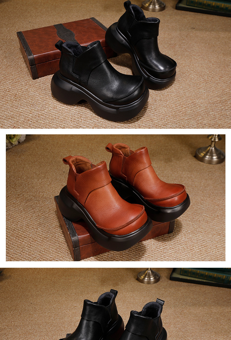 Boot nữ cổ ngắn da bò thật đế dày tăng chiều cao — màu đen, Màu nâu
