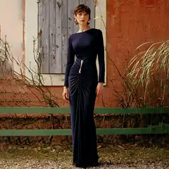 2025 Autumn Foreign Trade New Solid Color Fashionable Metal Decoration High Waist Long Sleeve Round Neck Bodycon Dress