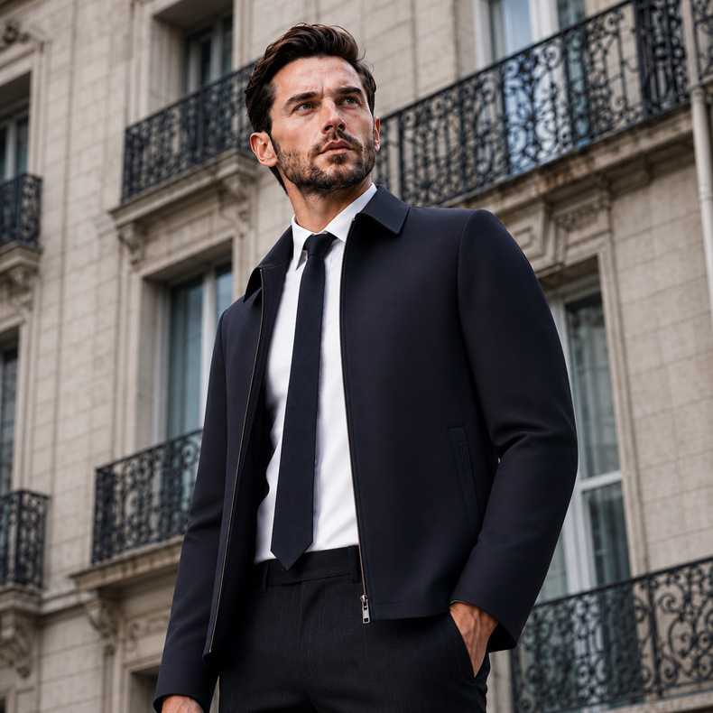 Áo khoác nam cổ bẻ màu trơn dáng công sở chất liệu lụa sữa nylon phối spandex — màu đen, Xanh tím than