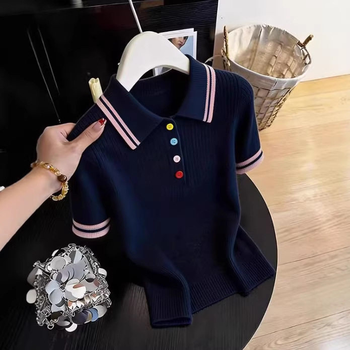巨好看绝美小个子漂亮polo领撞色针织短袖女彩色扣子显瘦气质上衣