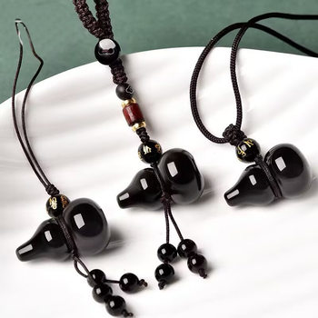 Natural Obsidian Gourd Pendant Obsidian Crystal Jewelry Pendant Keychain Mobile Phone Chain Necklace Men and Women Fulu