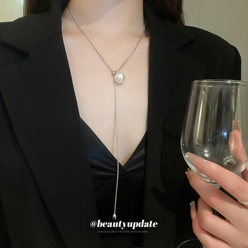 Simple ins Style Pearl Snake Chain Round Beads Adjustable Necklace Internet Celebrity Elegant Clavicle Chain Fashionable Light Luxury Women's Necklace