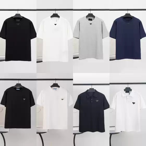 Authentic Luxury Fashion Top-Tier 2025 Spring/Summer New Short-Sleeve T-Shirt for Men with Metal Triangle Logo, Round Neck, Casual Style