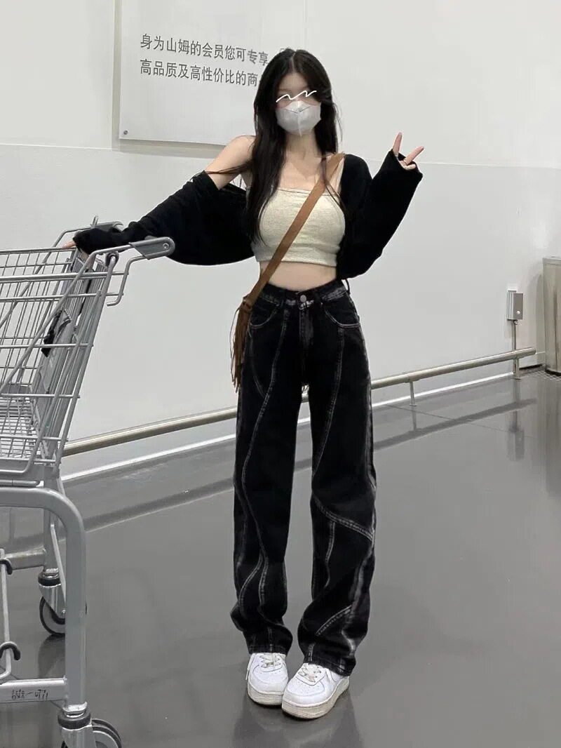 Womens American Street Style Wide Leg Denim Pants Spring Collection Loose Fit High Waisted Floor Length Casual