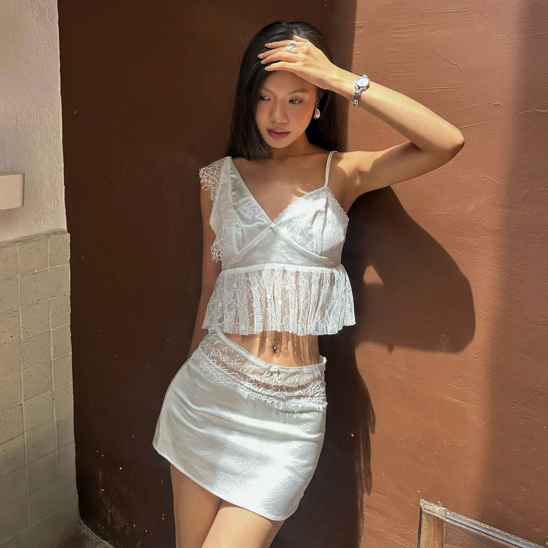 French Style Lace Trimmed Cami Top and Bodycon Skirt Set Summer Collection Elegant Casual Wear Wholesale Available