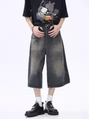 Washed Vintage Denim Shorts Men Summer Thin Loose Straight American High Street Pants Streetwear Cool Baggy Capri