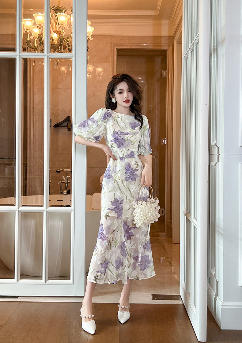 Đầm ôm body nữ cổ tròn tay bồng đuôi cá — [Tím] chi tiết 11