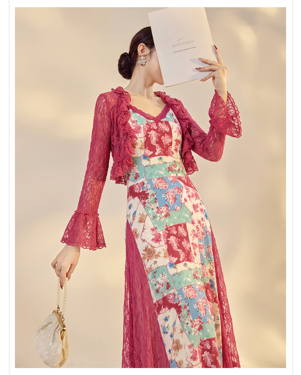 Set áo cardigan ren phối váy hai dây đuôi cá họa tiết hoa — Áo, Váy hai dây, Bộ