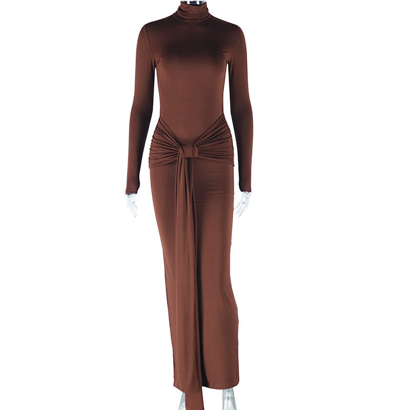Solid Color Midi Dress Round Neck Long Sleeve Casual Style Streetwear Essential for Trendy Outfits Wholesale