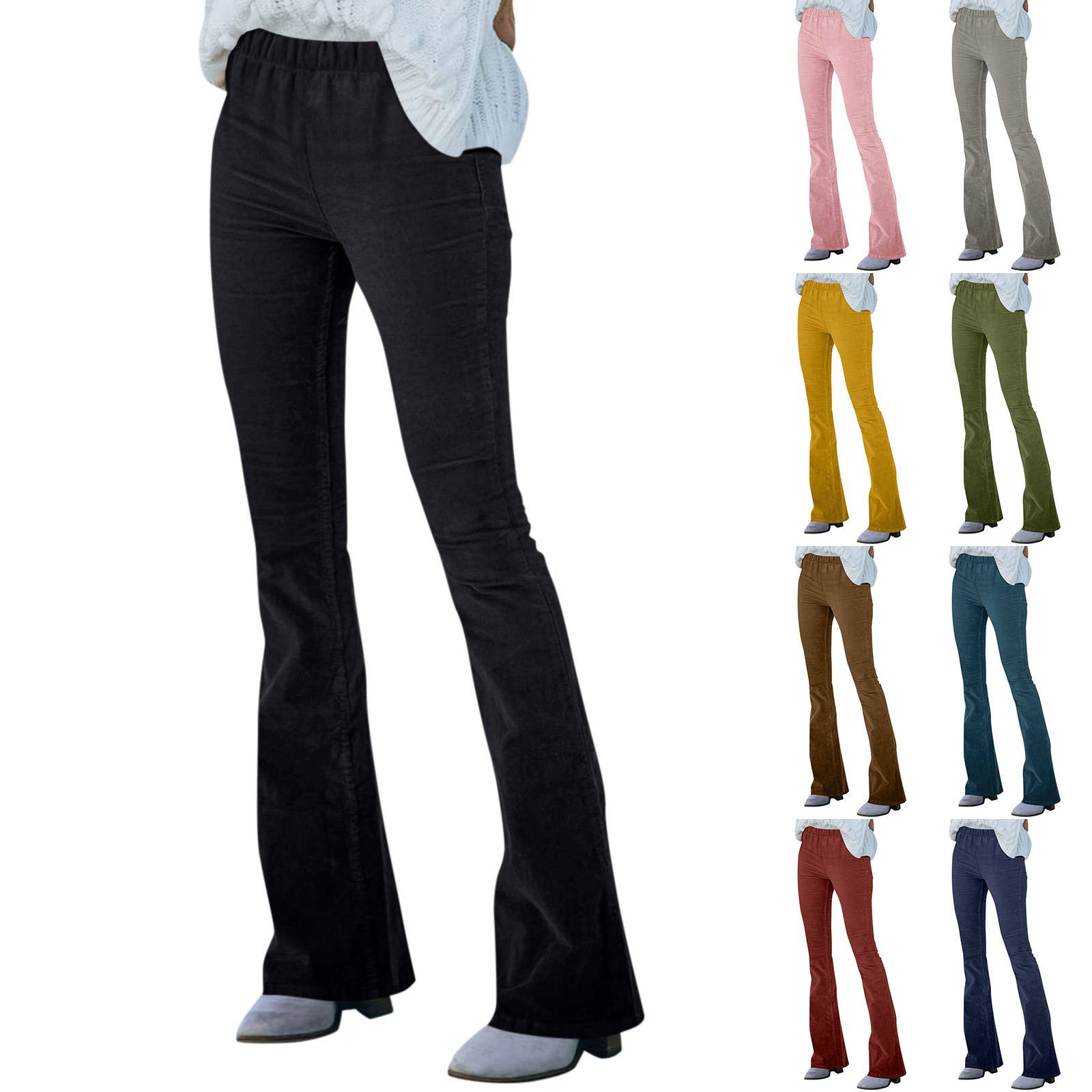 High Waisted Corduroy Slim Fit Flare Pants Solid Color Elastic Waist Casual Style Spring Summer Collection