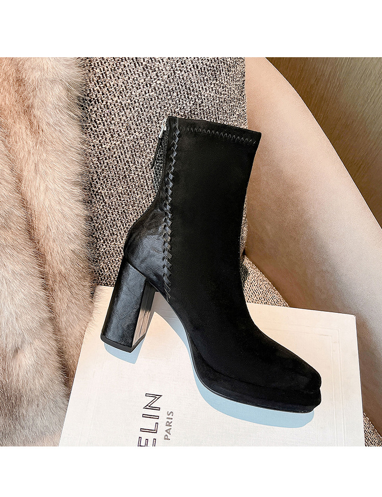 Boot nữ mũi nhọn gót thô cao 9cm cổ ngắn ôm chân phối da cừu — Lớp lót đơn màu đen, Lớp lót đơn màu nâu, Lót nhung đen, Lót nhung màu nâu