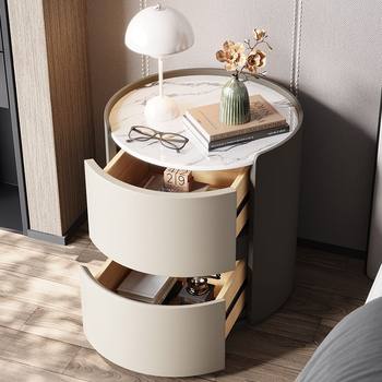 Bedside Table Round Italian-Style High-End Bedside Cabinet Bedroom Slate Small Round Cabinet Solid Wood Assembly Storage Table
