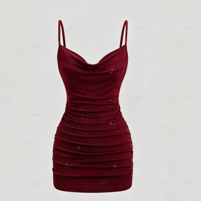 Womens Spring Summer Cross Back Dress Pleated Design Chain Detail Elegant Silhouette Perfect for Parties and Events