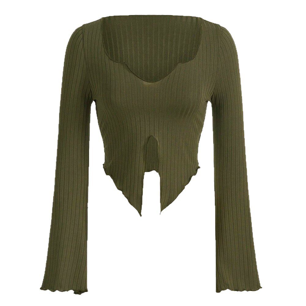 Irregular Split Long Sleeve T Shirt for Women Trendy European Style Ribbed Knit Fabric Versatile for Spring and Autumn